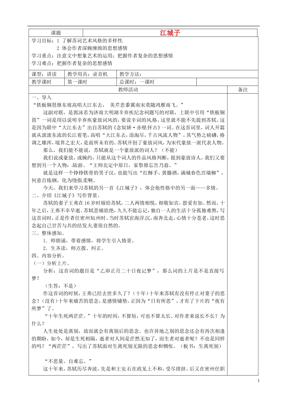 高中语文 第九专题《江城子》学案 苏教版选修《唐诗宋词选读》-苏教版高二《唐诗宋词选读》语文学案_第1页