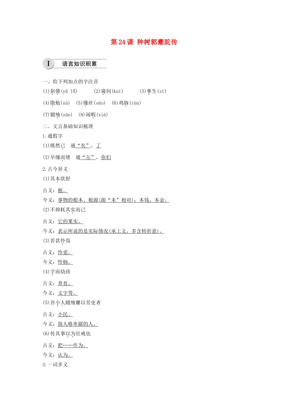 高中语文 第六单元 第24课 种树郭橐驼传学案（含解析）新人教版选修《中国古代诗歌散文欣赏》-新人教版高中《中国古代诗歌散文欣赏》语文学案_第1页