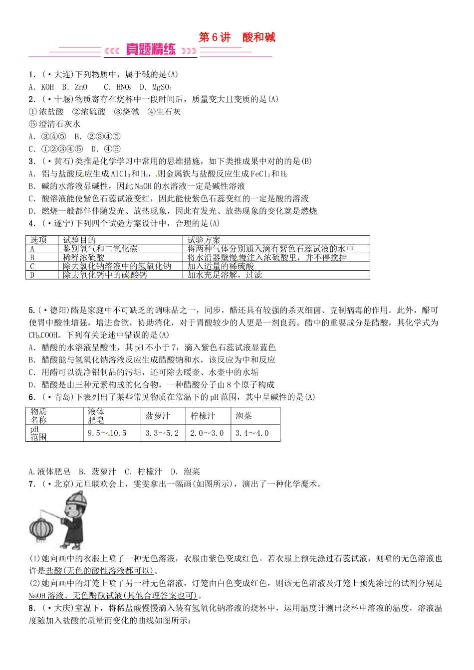 2025年中考化学总复习考点解读各个击破主题一身边的化学物质酸和碱习题新人教版_第1页