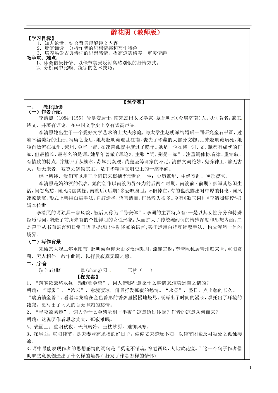 高中语文 第十一专题《醉花阴》导学案 苏教版选修《唐诗宋词选读》-苏教版高二《唐诗宋词选读》语文学案_第1页