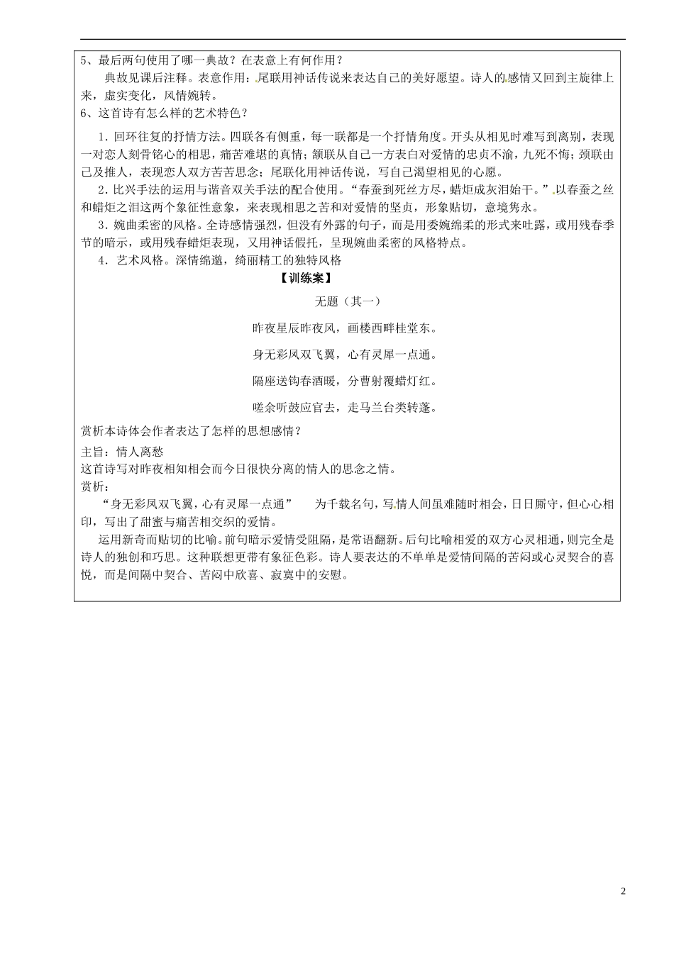 高中语文 第六专题《无题》导学案 苏教版选修《唐诗宋词选读》-苏教版高二《唐诗宋词选读》语文学案_第2页
