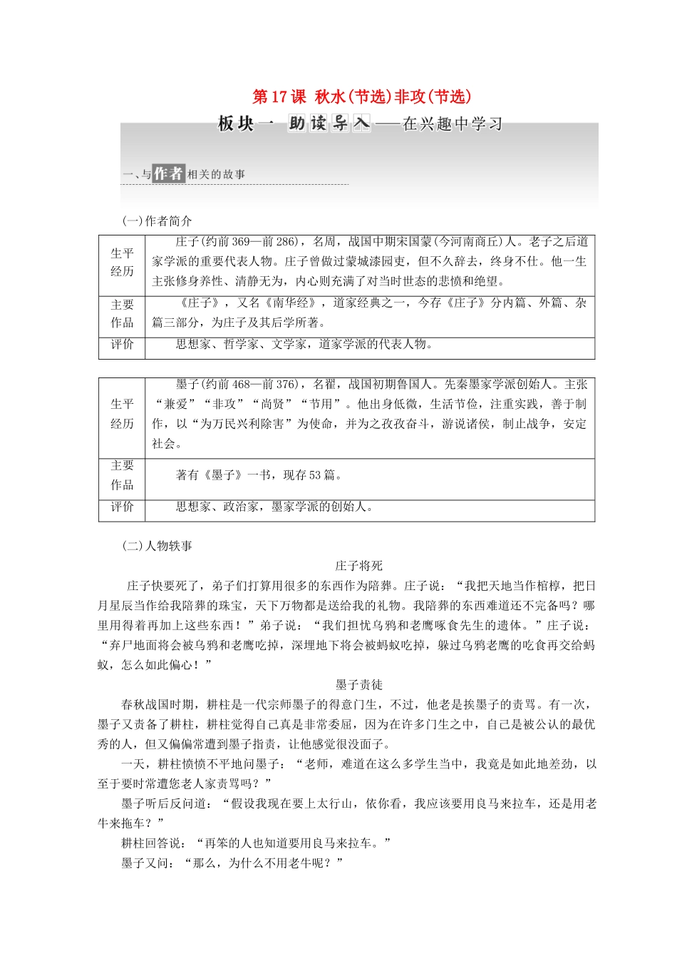 高中语文 第四专题 第17课 秋水（节选） 非攻（节选）教学案 苏教版必修3-苏教版高一必修3语文教学案_第1页