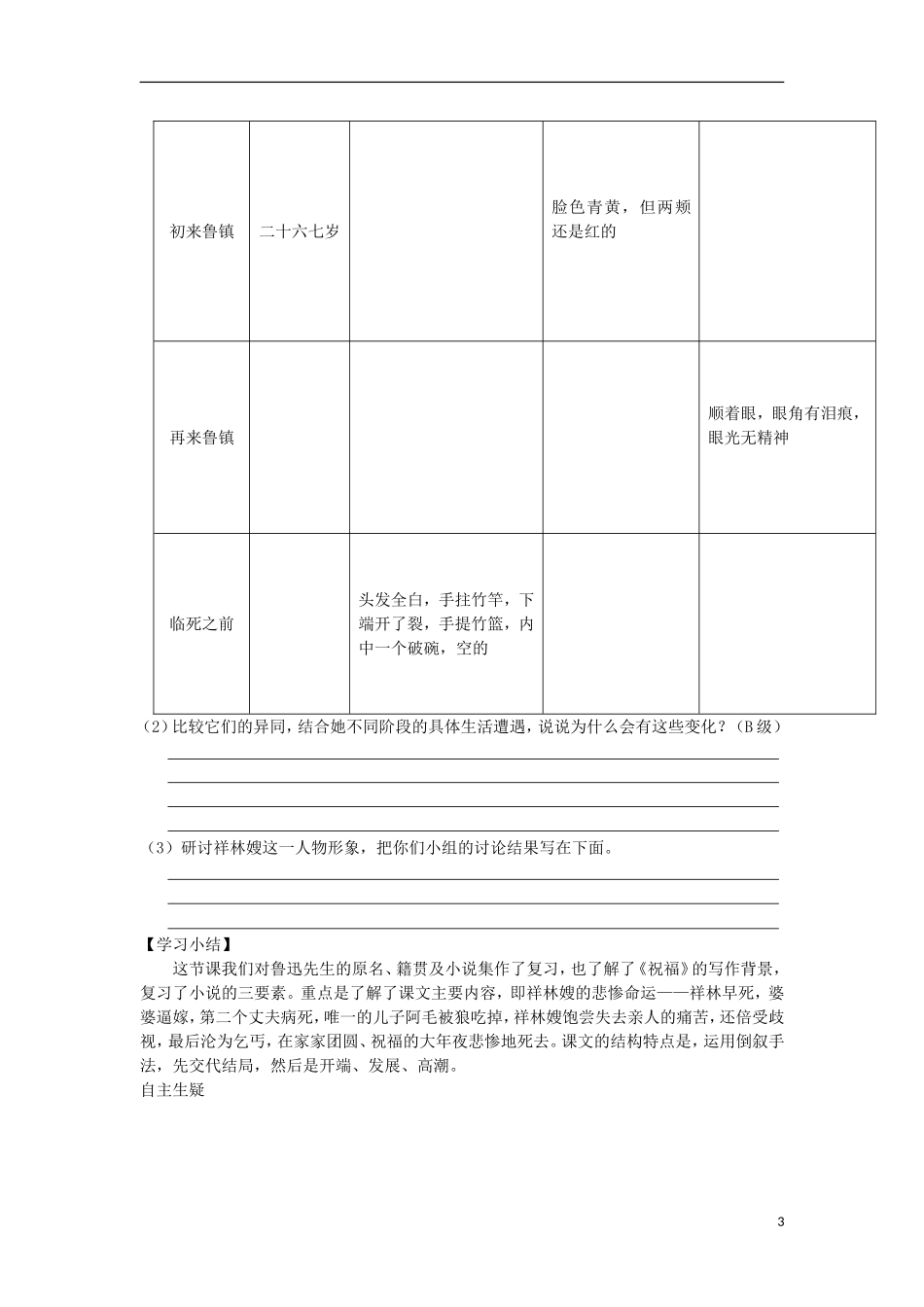 高中语文 第四专题 慢慢走欣赏啊 祝福（第1课时）导学案 苏教版必修2-苏教版高一必修2语文学案_第3页