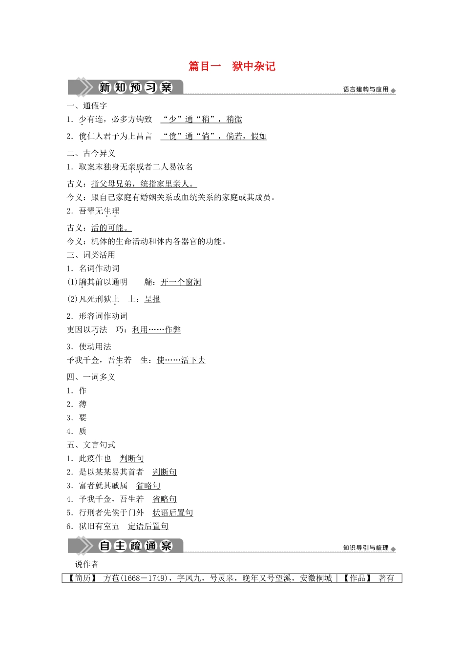 高中语文 第五单元 散而不乱 气脉中贯 5 推荐作品 篇目一 狱中杂记学案 新人教版选修《中国古代诗歌散文欣赏》-新人教版高中《中国古代诗歌散文欣赏》语文学案_第1页