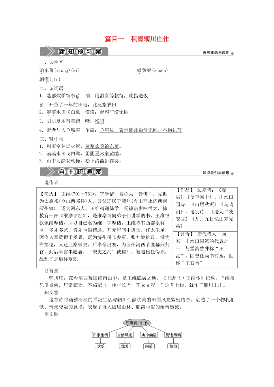高中语文 第二单元 置身诗境，缘景明情 6 推荐作品 篇目一 积雨辋川庄作学案 新人教版选修《中国古代诗歌散文欣赏》-新人教版高中《中国古代诗歌散文欣赏》语文学案_第1页