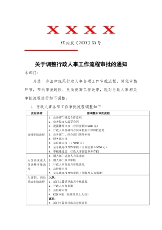关于调整行政人事工作流程审批的通知