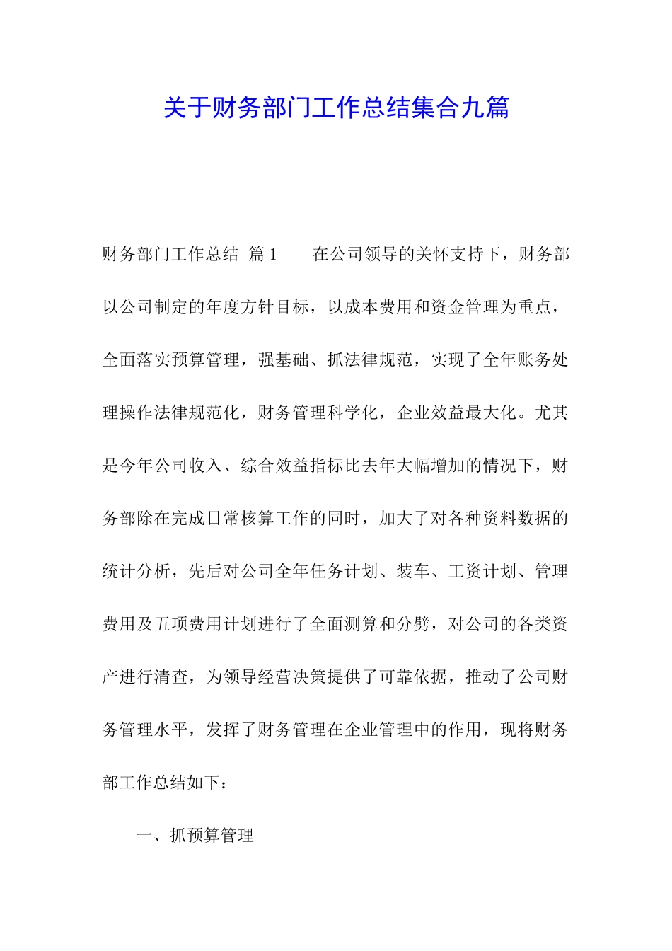 关于财务部门工作总结集合九篇_第1页