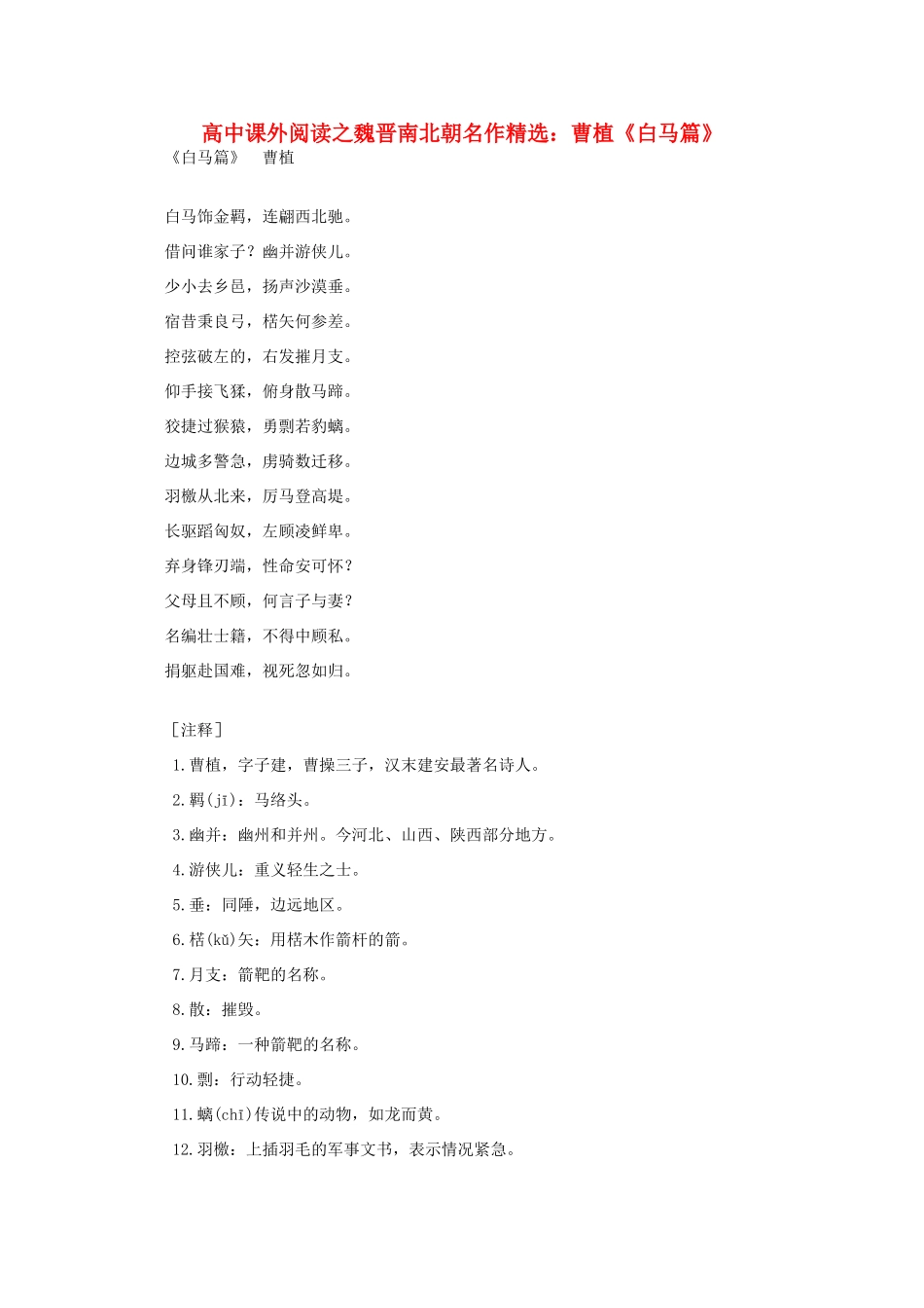 高中语文 课外阅读之魏晋南北朝名作精选 曹植《白马篇》素材_第1页