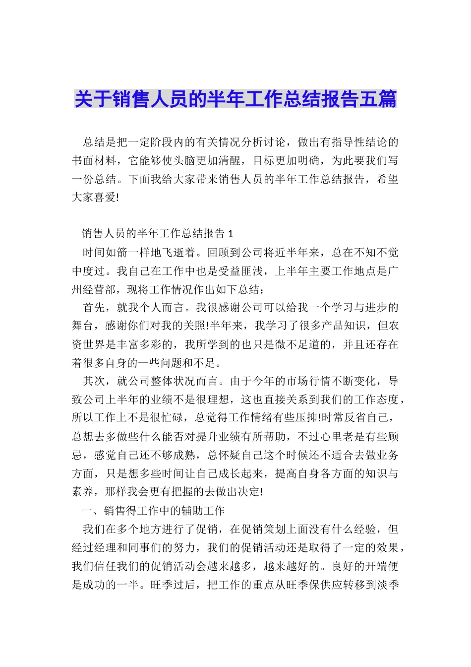 关于销售人员的半年工作总结报告五篇_第1页