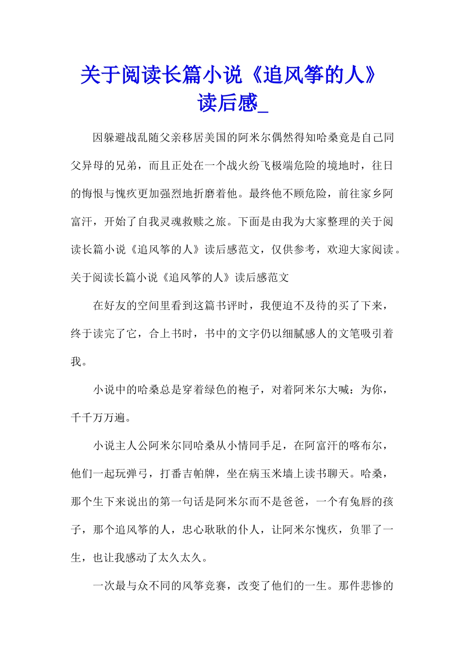 关于阅读长篇小说《追风筝的人》读后感_第1页