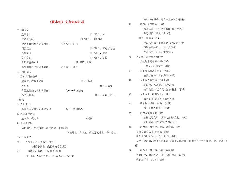 高中语文《夏本纪》文言知识汇总素材 苏教版选修《史记选读》-苏教版高二选修语文素材_第1页