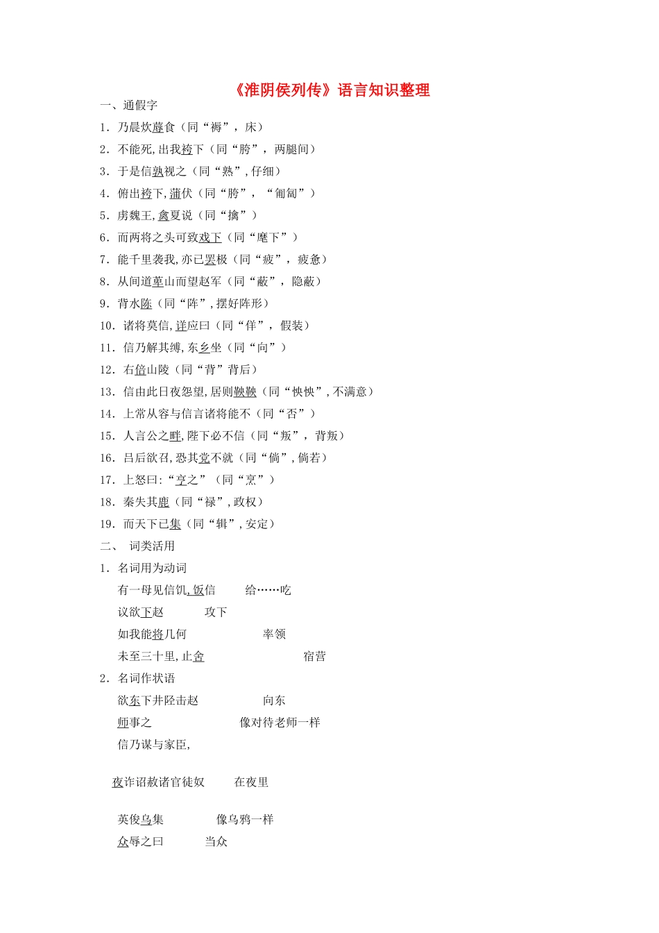 高中语文《淮阴侯列传》文言知识汇总素材 苏教版选修《史记选读》-苏教版高二选修语文素材_第1页