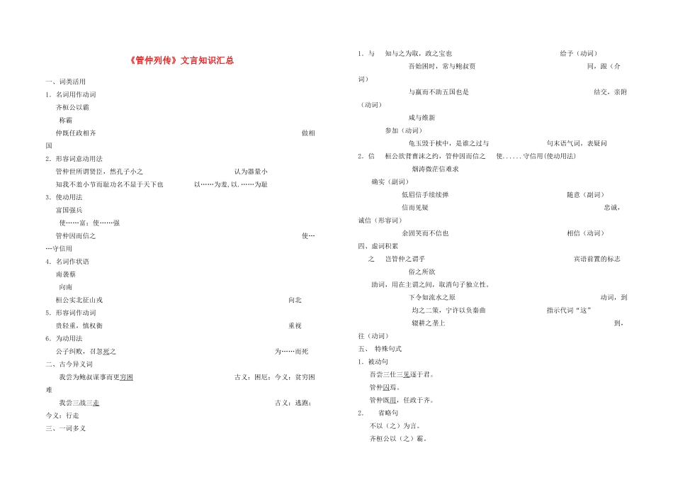 高中语文《管仲列传》文言知识汇总素材 苏教版选修《史记选读》-苏教版高二选修语文素材_第1页
