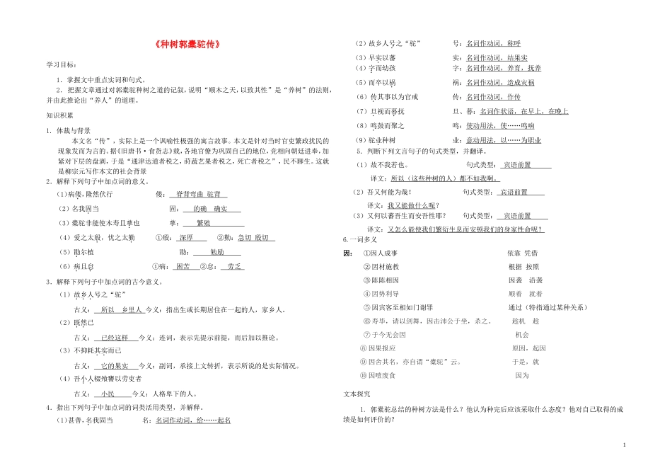 高中语文《种树郭橐驼传》学案 新人教版选修《中国古代诗歌散文欣赏》-新人教版高二《中国古代诗歌散文欣赏》语文学案_第1页