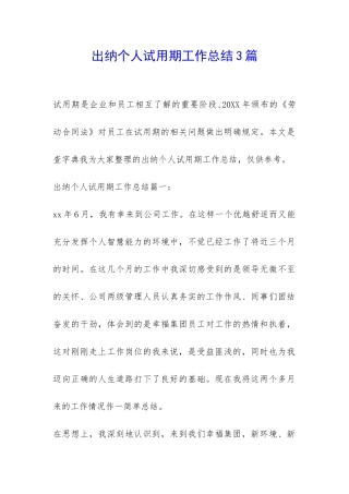 出纳个人试用期工作总结3篇-