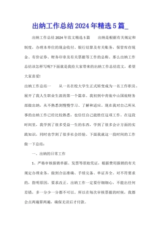 出纳工作总结2024年精选5篇