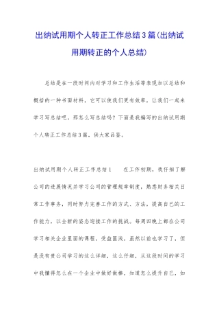出纳试用期个人转正工作总结3篇