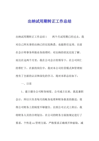 出纳试用期转正工作总结