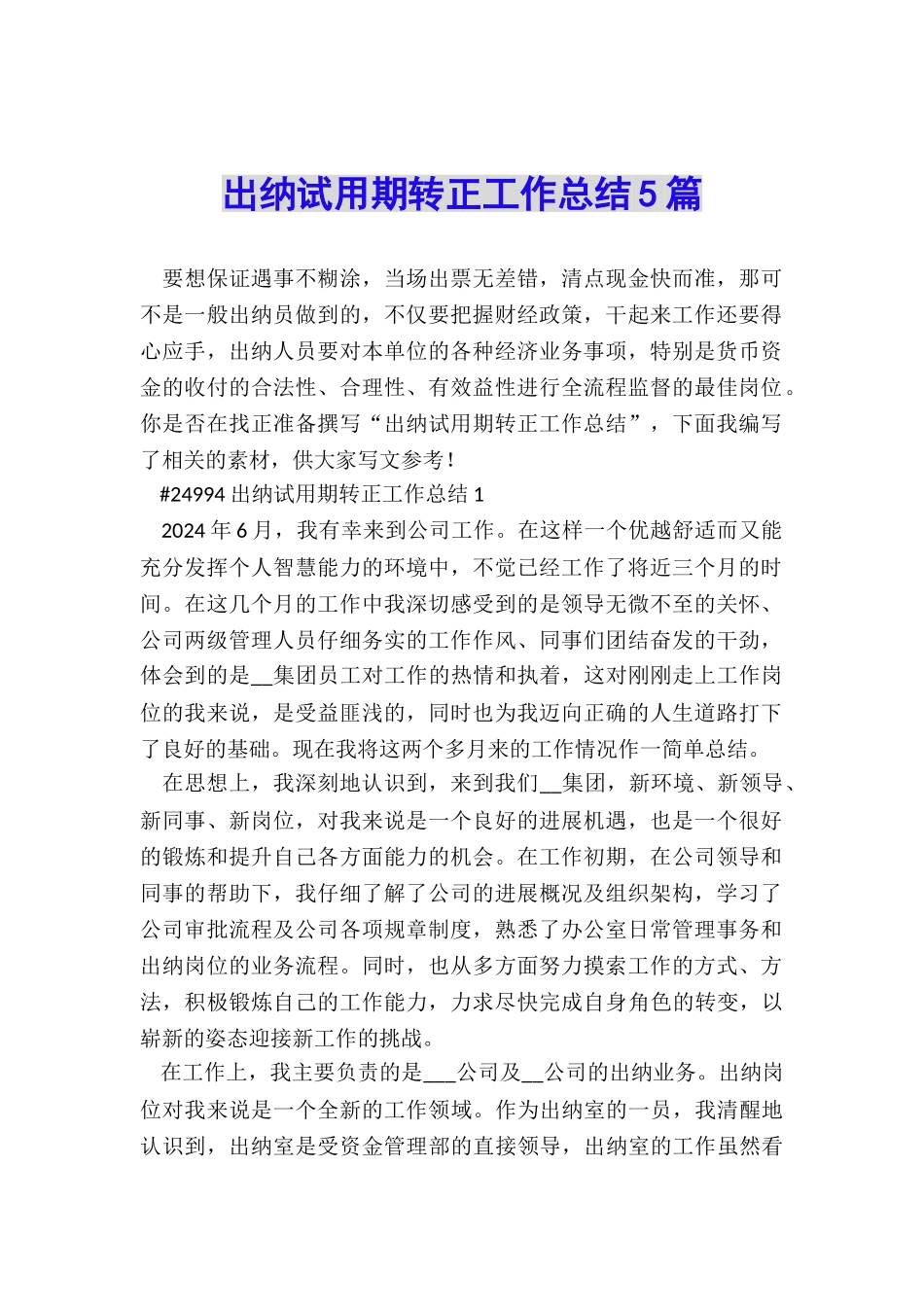 出纳试用期转正工作总结5篇_第1页