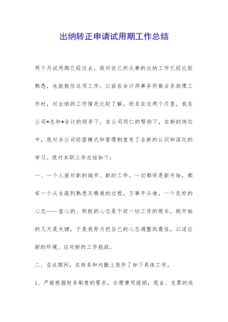 出纳转正申请试用期工作总结-