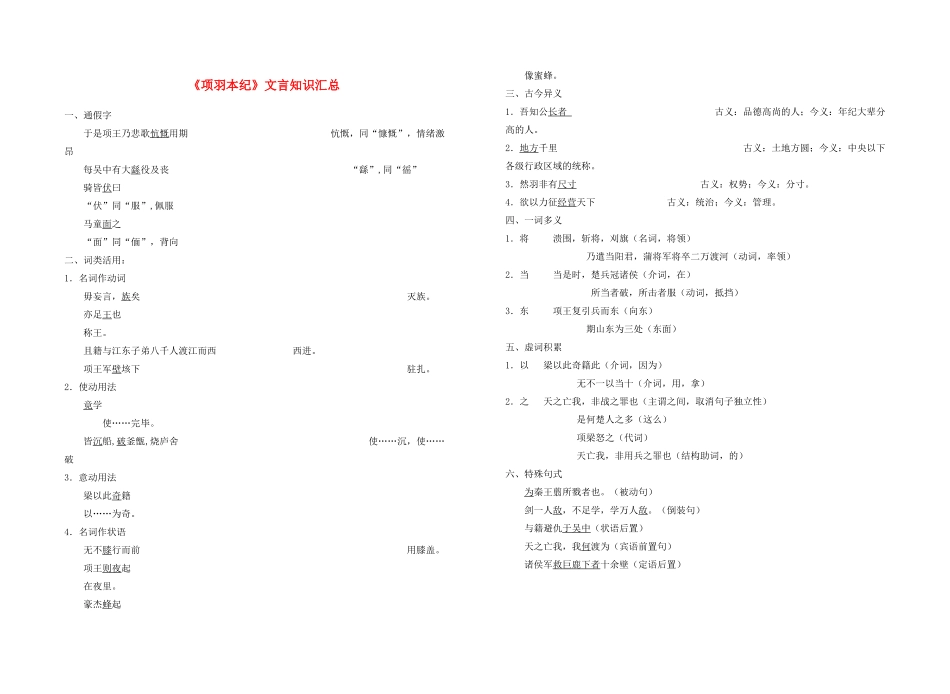 高中语文《项羽本纪》文言知识汇总素材 苏教版选修《史记选读》-苏教版高二选修语文素材_第1页