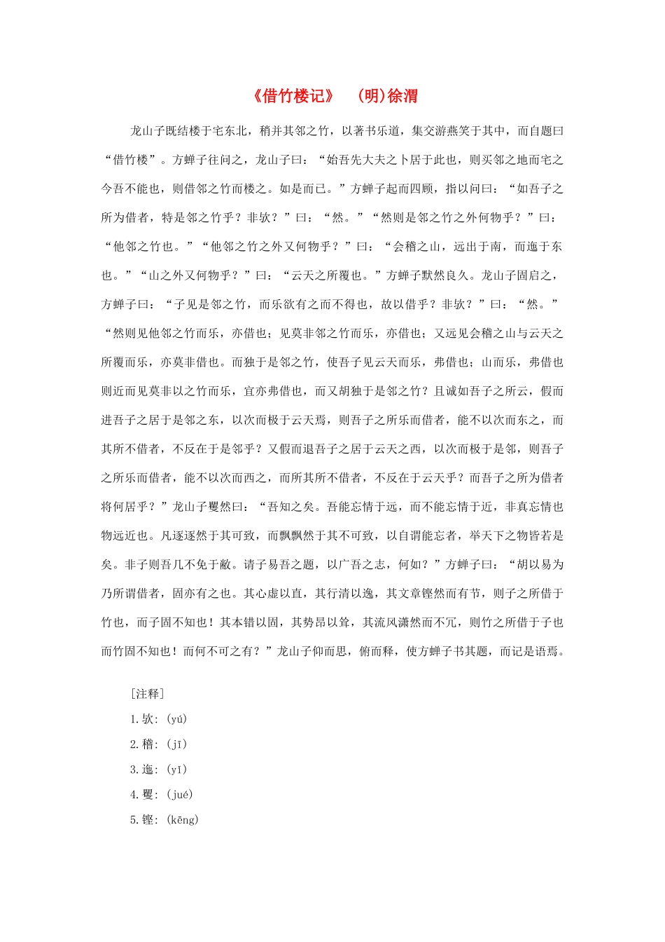 高中语文课外阅读之明清近代名作精选 徐渭《借竹楼记》素材_第1页