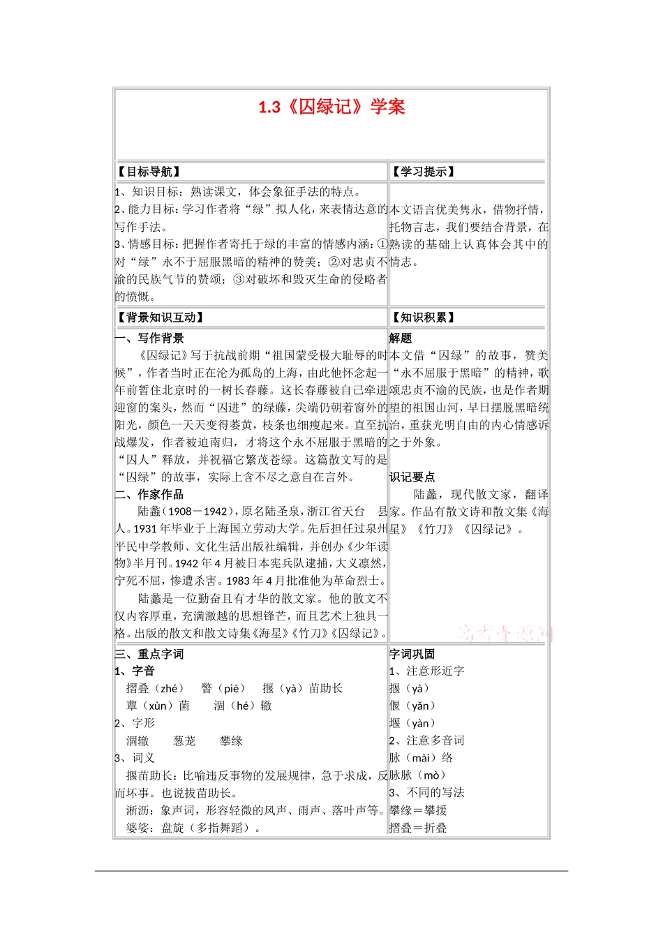 高中语文：1.3《囚绿记》学案（新人教版必修2）_第1页