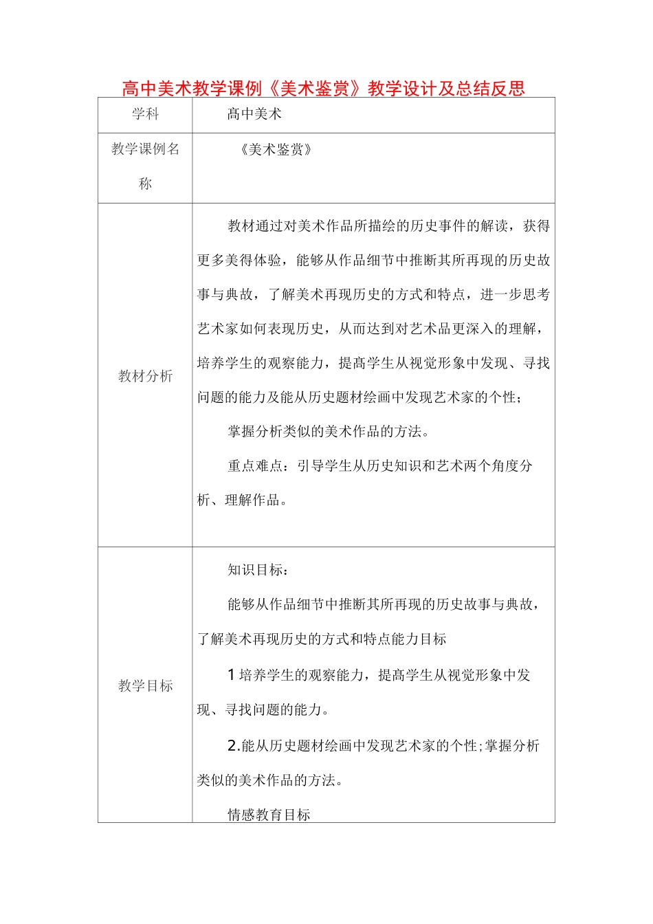 高中美术教学课例《美术鉴赏》课程思政核心素养教学设计及总结反思_第1页