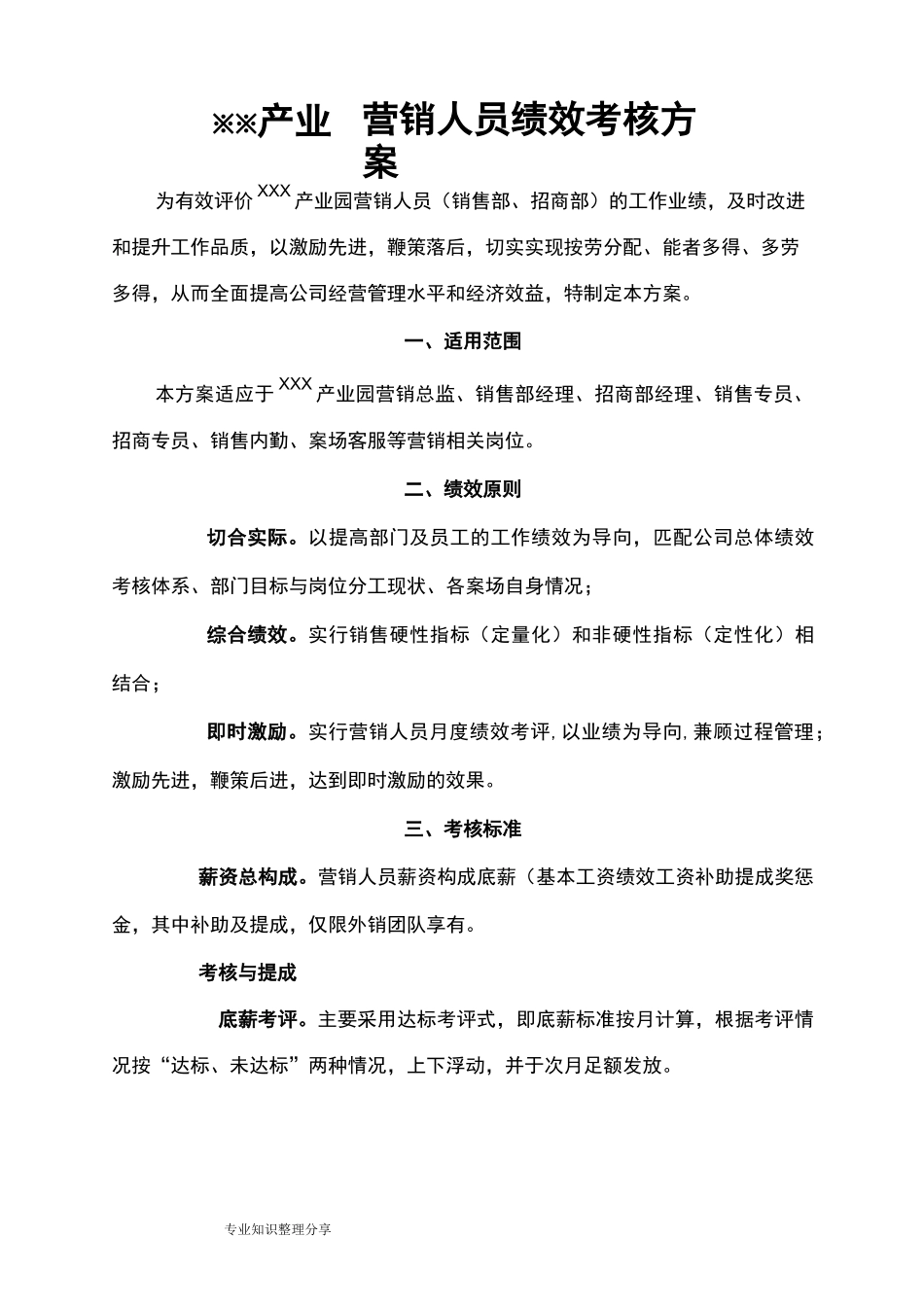 某产业园营销人员绩效考核方案说明_第1页
