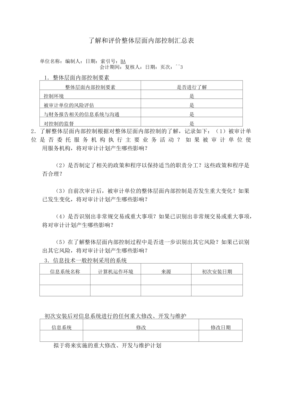 内部控制工作底稿-在被审计单位整体层面了解内部控制_第2页