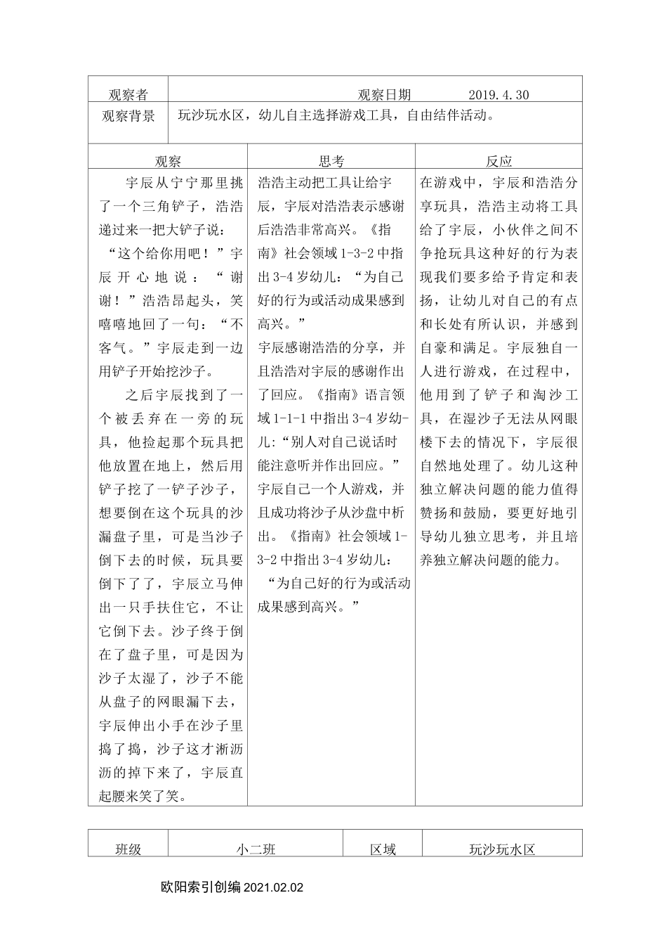 幼儿园玩沙玩水区观察记录表之欧阳家百创编_第2页