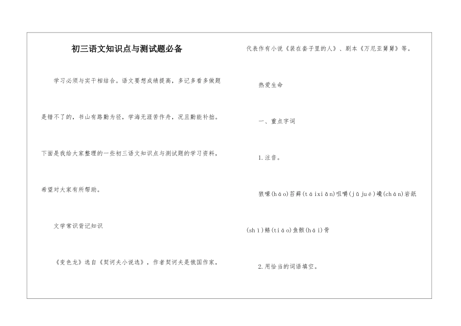 初三语文知识点与测试题必备_第1页