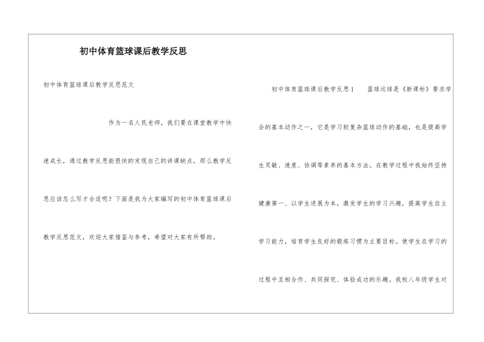 初中体育篮球课后教学反思_第1页