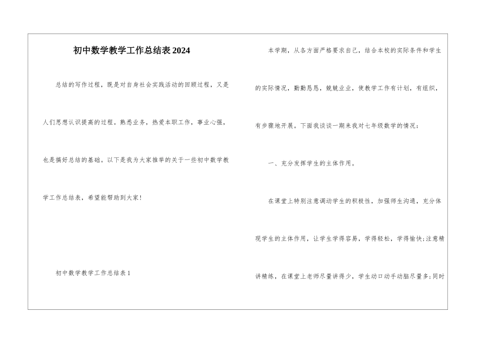 初中数学教学工作总结表2024_第1页