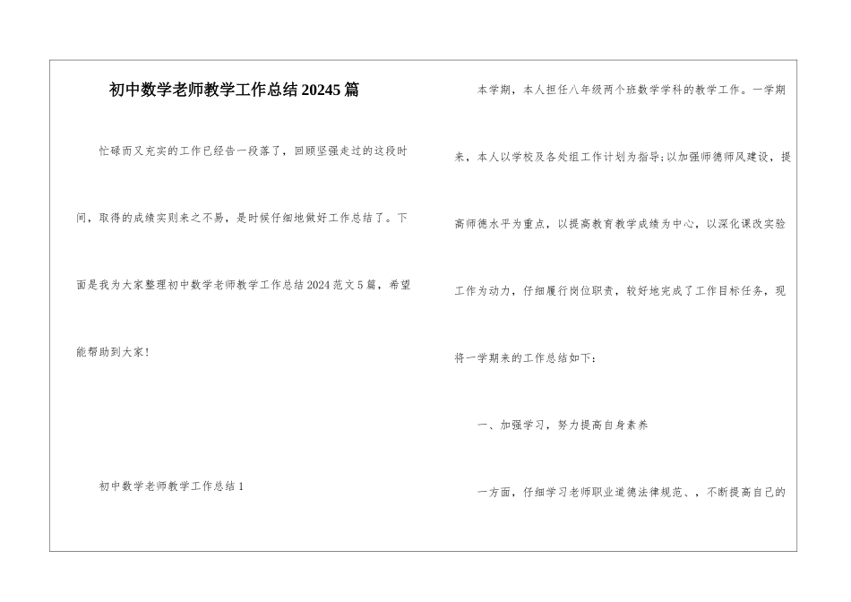 初中数学教师教学工作总结20245篇_第1页