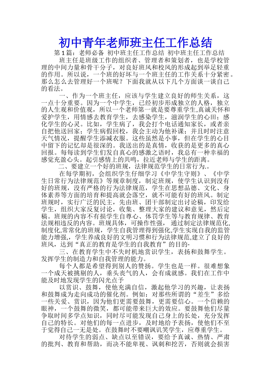 初中青年教师班主任工作总结-_第1页