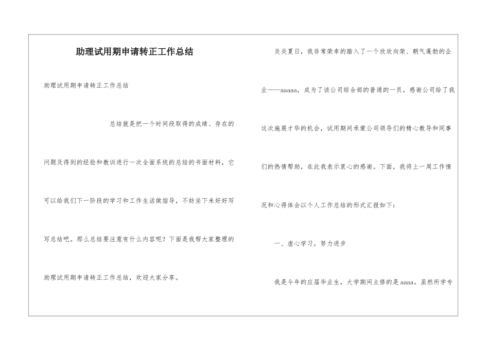 助理试用期申请转正工作总结_第1页