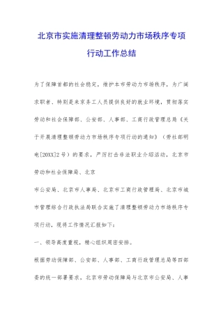 北京市实施清理整顿劳动力市场秩序专项行动工作总结-