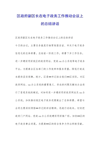 区政府副区长在电子政务工作推进会议上的总结讲话-