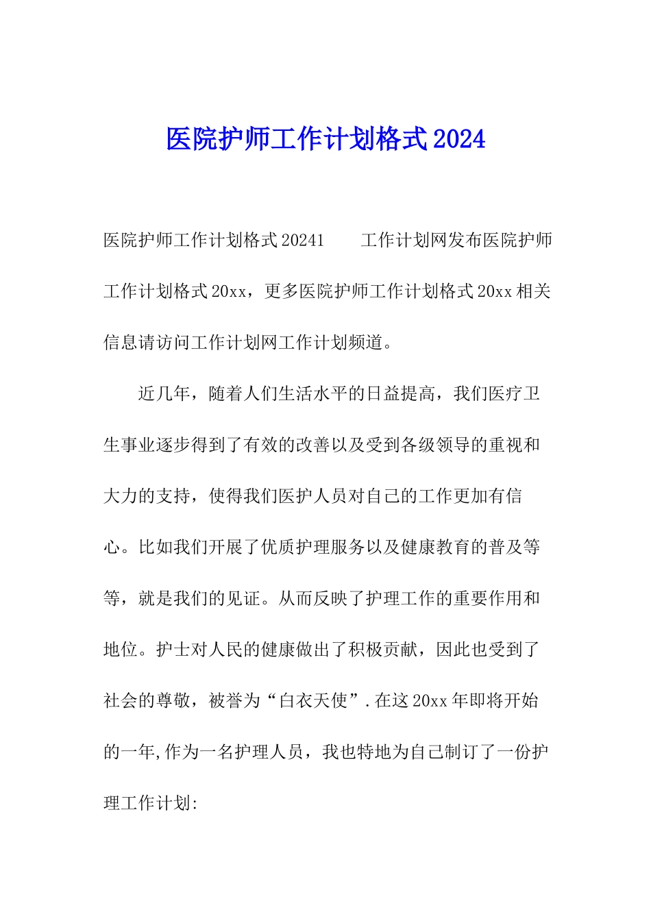 医院护师工作计划格式2024_第1页