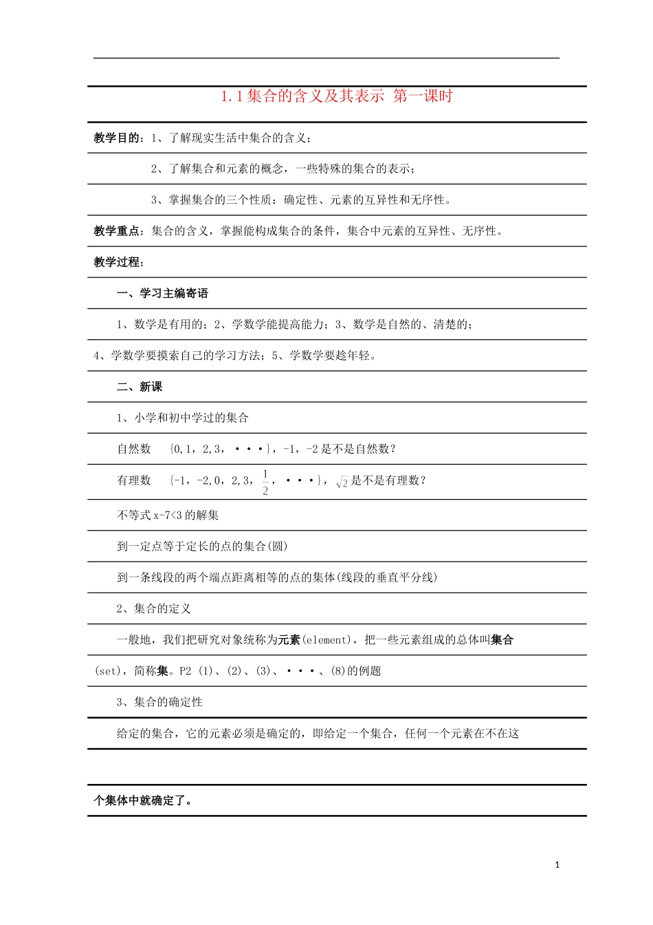 12-13学年高中数学 1.1 集合的含义及其表示 第一课时3.教案 苏教版必修1_第1页