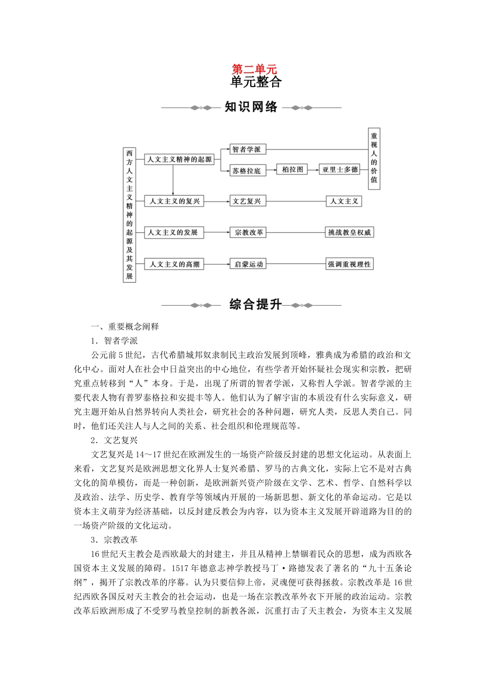 10-11学年高中历史同步学案 第2单元 西方人文精神的起源及其发展 单元整合、单元检测 新人教版必修3_第1页