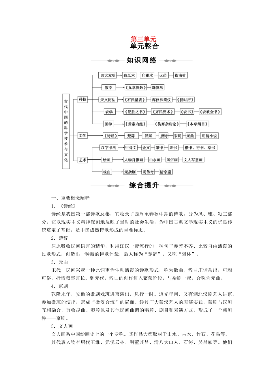 10-11学年高中历史同步学案 第3单元 古代中国的科学技术与文学艺术 单元整合、单元检测 新人教版必修3_第1页