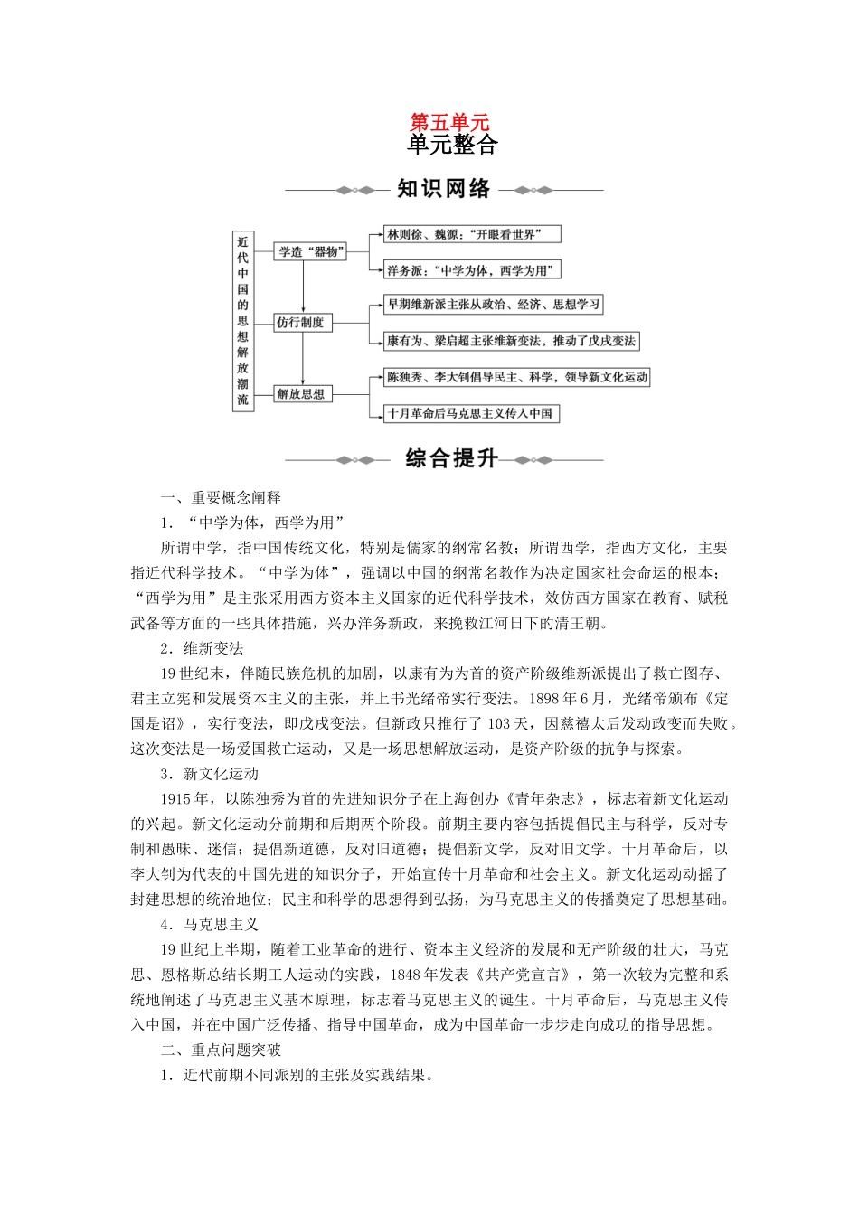 10-11学年高中历史同步学案 第5单元 近代中国的思想解放潮流 单元整合、单元检测 新人教版必修3_第1页