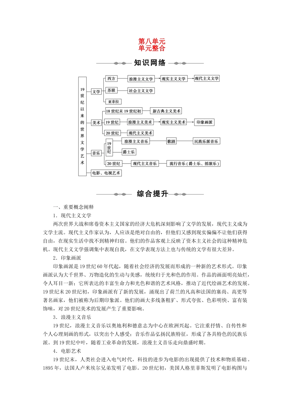 10-11学年高中历史同步学案 第8单元 19世纪以来的世界文学艺术 单元整合、单元检测 新人教版必修3_第1页