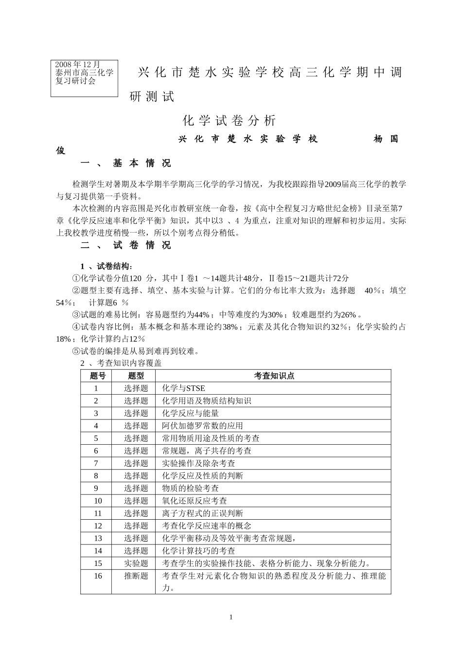 08兴化市高三化学期中试卷分析_第1页