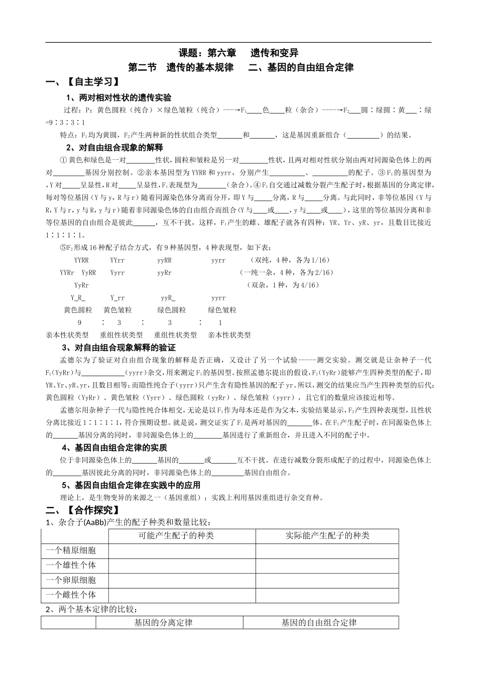 2009高考生物复习精品学案：基因的自由组合定律_第1页
