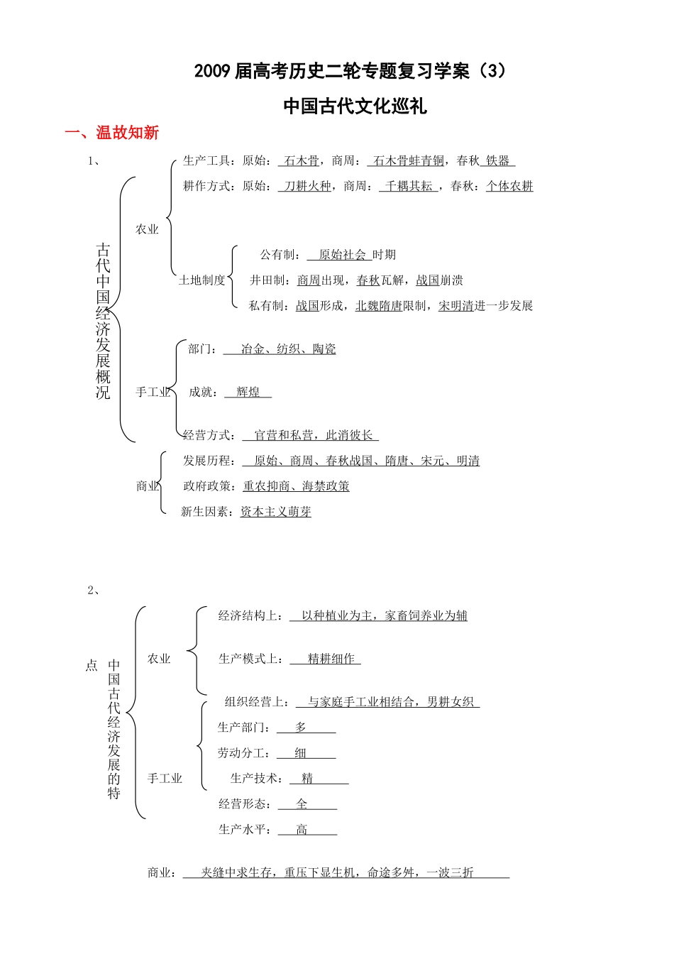 2009届高考历史二轮复习专题学案：中国古代文化巡礼_第1页