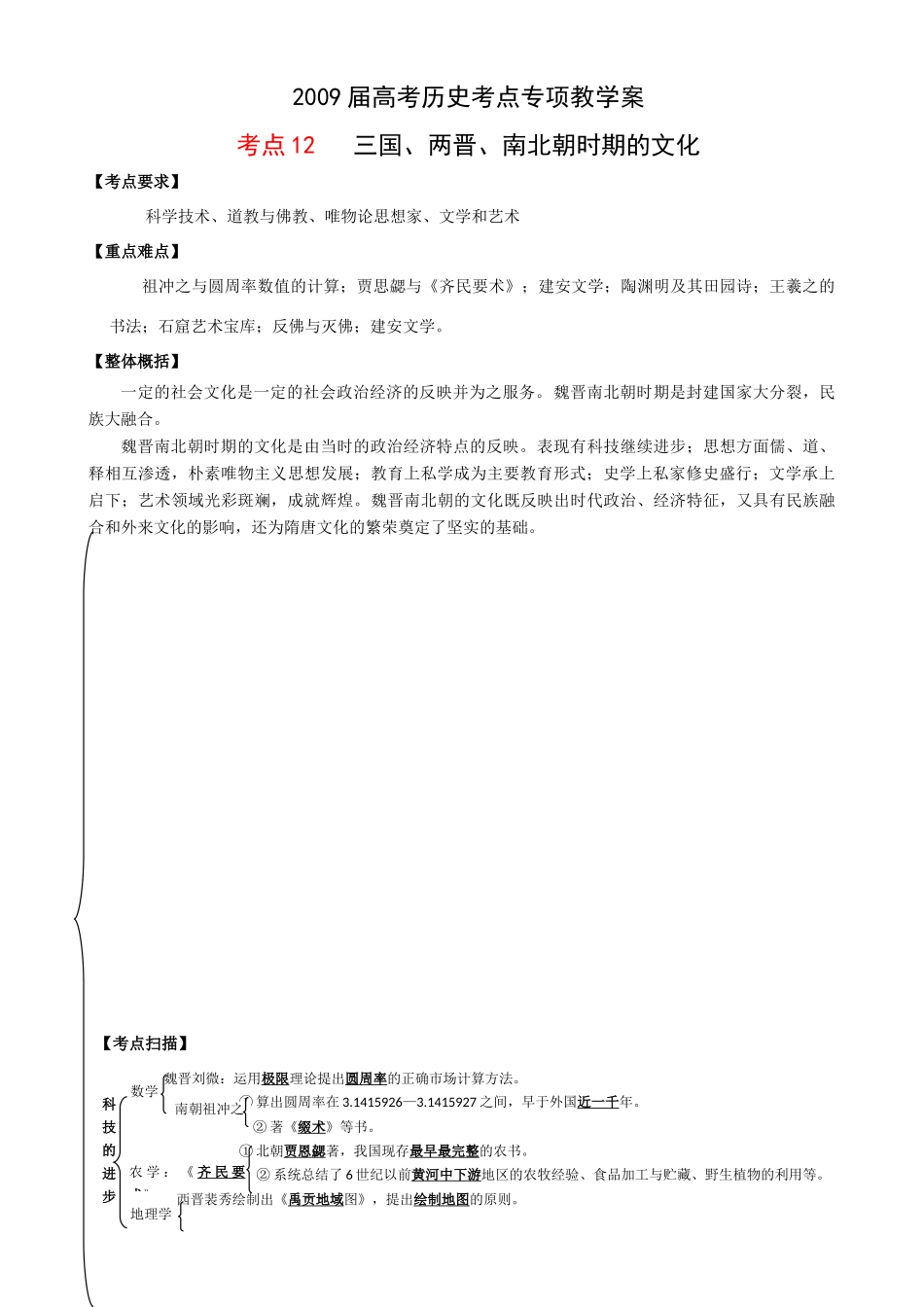 2009届高考历史考点专项教学案：考点12   三国、两晋、南北朝时期的文化_第1页