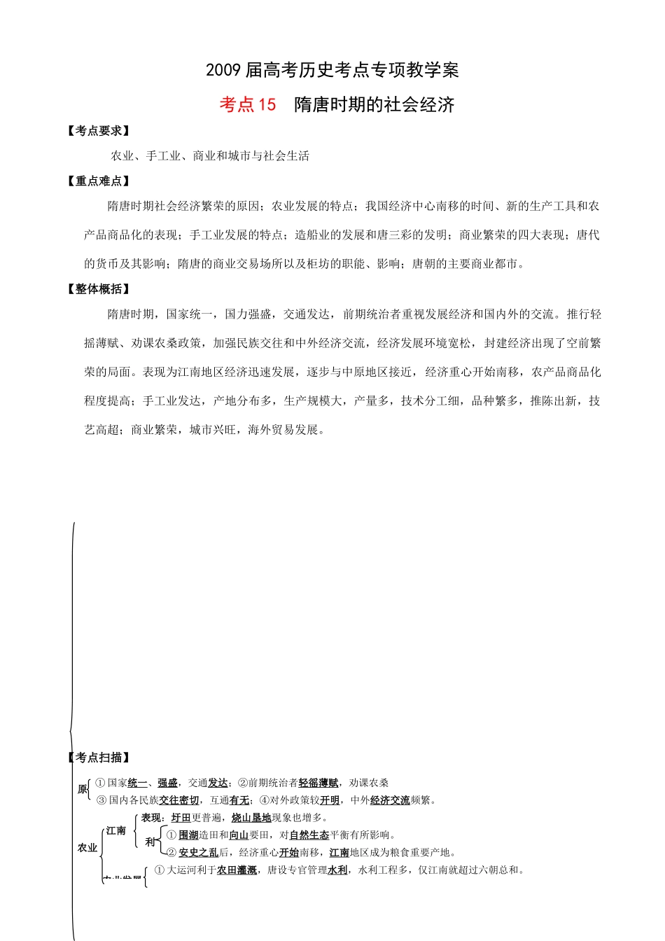 2009届高考历史考点专项教学案：考点15  隋唐时期的社会经济_第1页